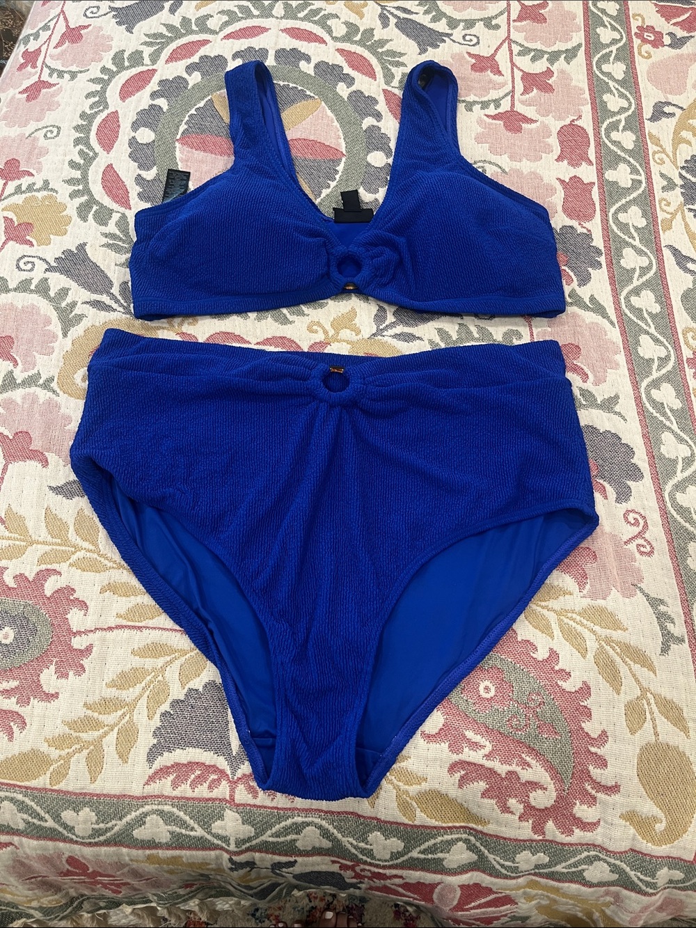 Cobalt Blue Textured Two-Piece Bikini Set with Ring Detail